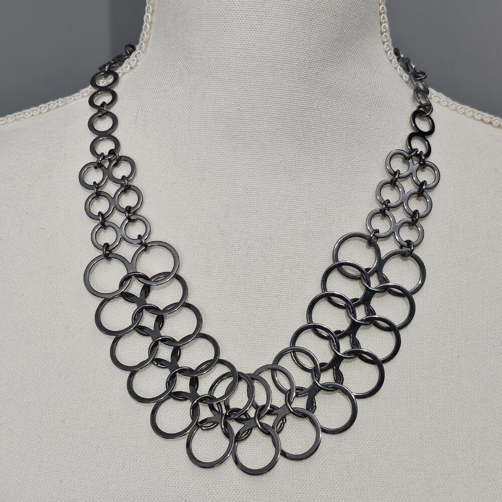 Vintage Ring Silver Gun Metal Curtain Bib Statement Necklace - Picture 1 of 5